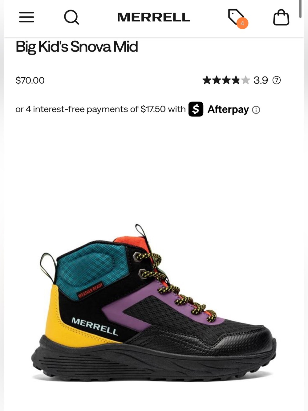 Merrell Kids Waterproof Mid Boot in Black w/ Teal, Purple, Orange, Yellow Size 2